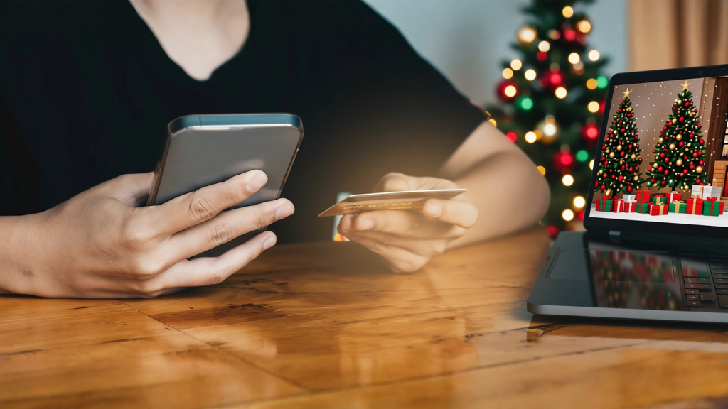 A person holding a smartphone and a credit card while shopping online with a Christmas tree in the background, highlighting holiday credit card scam risks in North Carolina and the importance of fraud awareness.